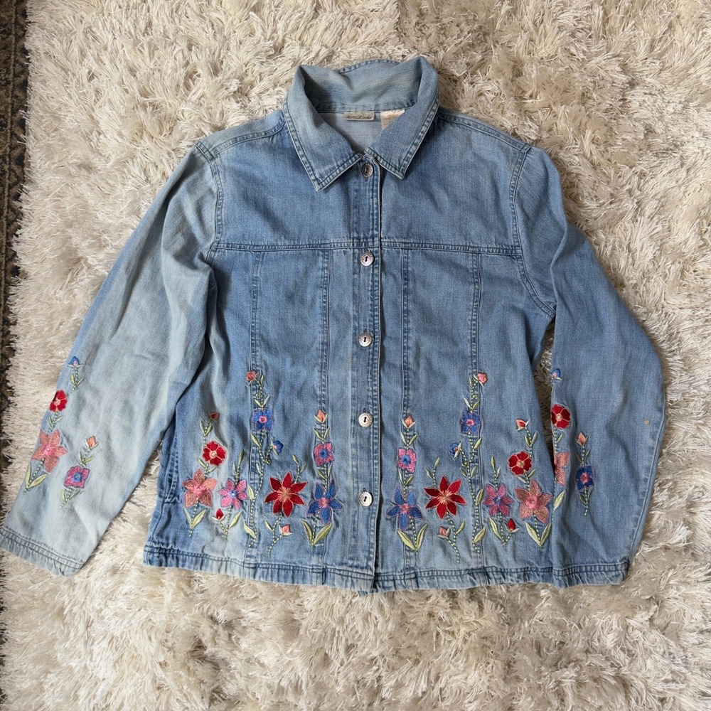 Vintage Bobbie Brooks Floral Embroidered Cotton Denim Jean Jacket Cottagecore M